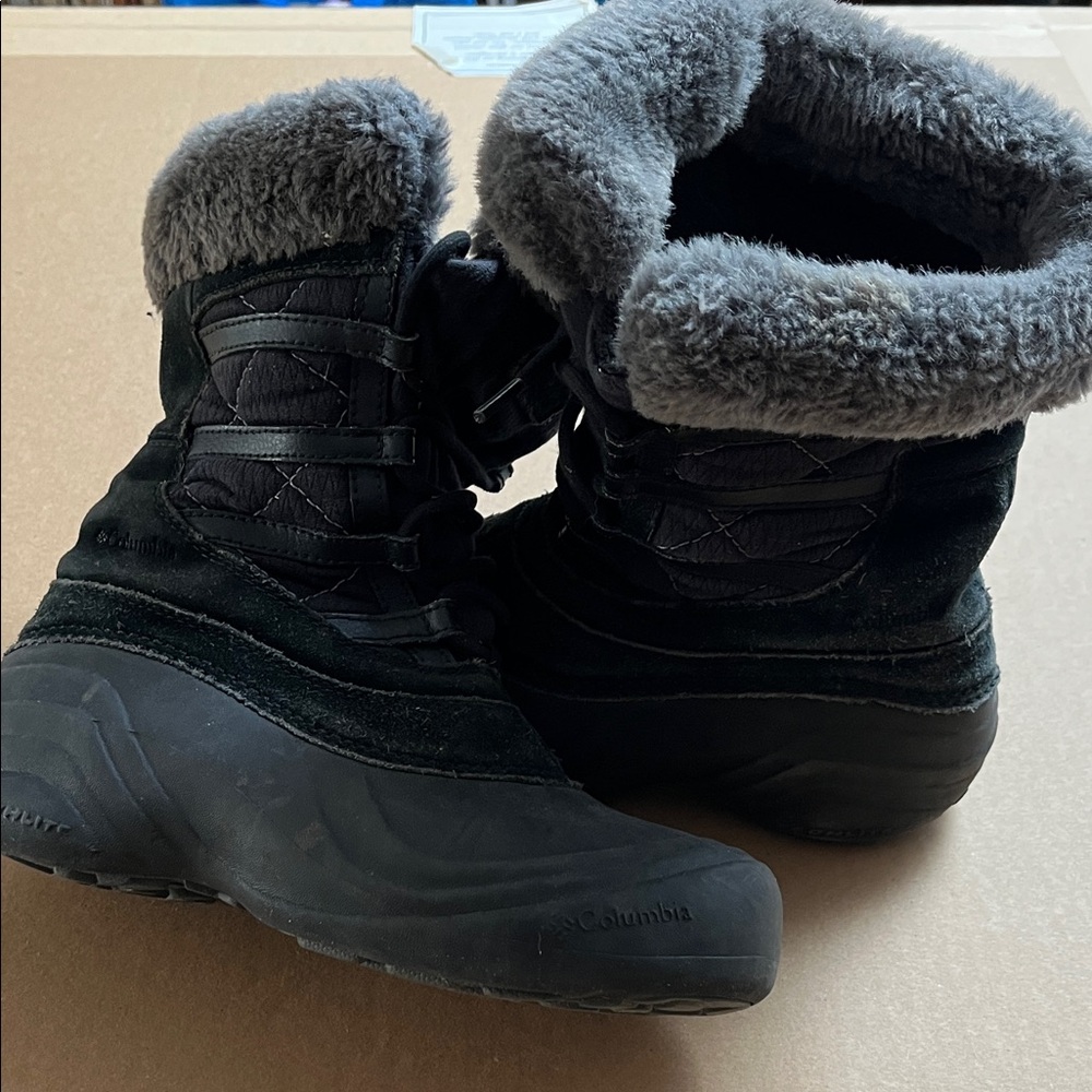 Columbia Women's Black Felt Insulated Winter Boots Gray Faux Fur 6.5